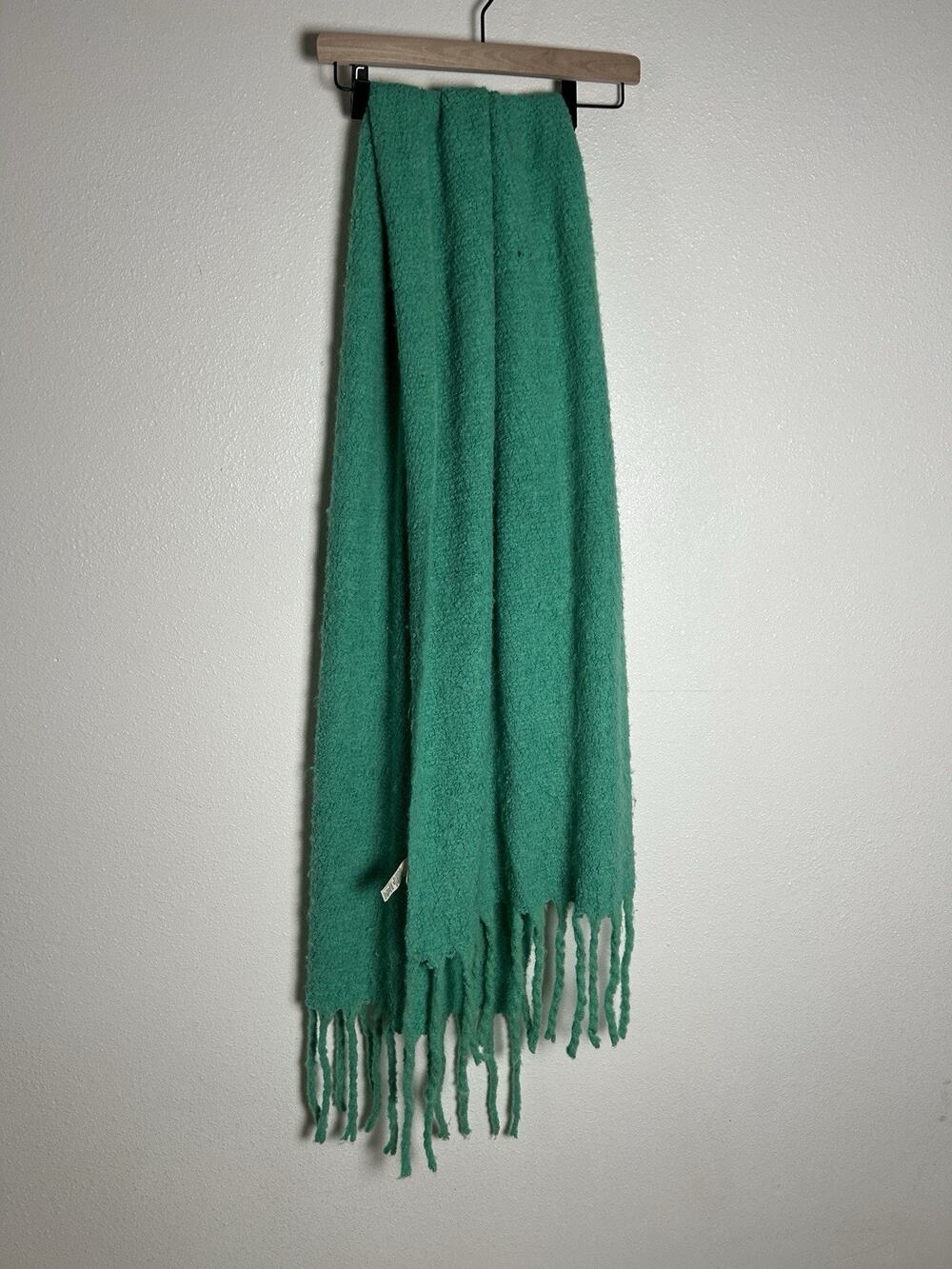 Free People Boho Oversized Chunky Knitted Scarf Braided Fringe Teal Green